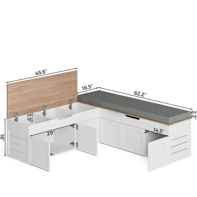 Alt view image 2 of 7 - L-Shaped Corner Storage Bench with Cushion, Backless Wood Bench with Hidden Storage, for Dining Nook, Kitchen, Entryway, Cloakroom (Bench+Light Gray Cushion)