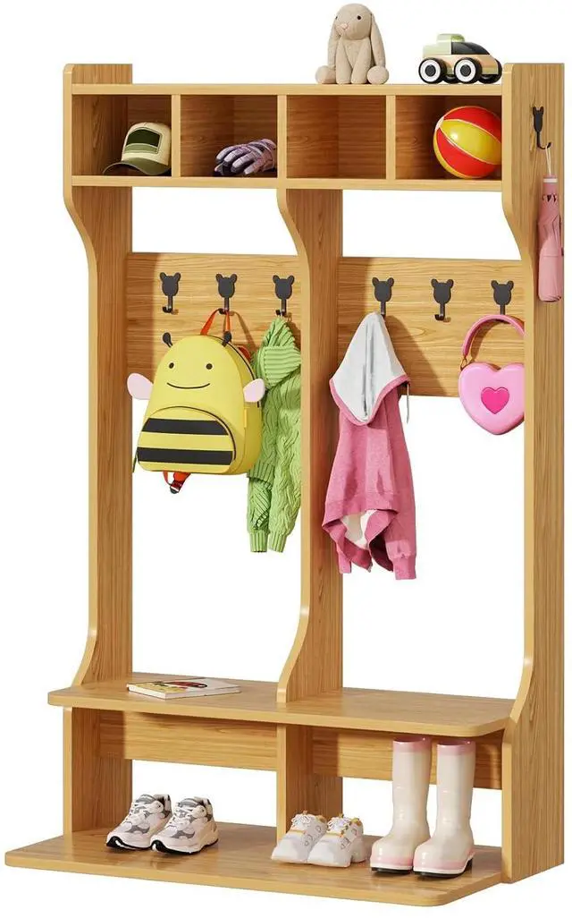 Main image of 2-Section Coat Locker with Bench | Daycare Cubby Storage with 8 Hooks, Kindergarten Lockers with 4 Cubbies for Home, School, Nursery