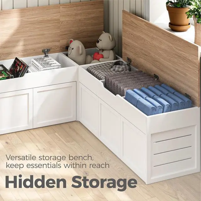 Alt view image 3 of 7 - L-Shaped Corner Storage Bench with Cushion, Backless Wood Bench with Hidden Storage, for Dining Nook, Kitchen, Entryway, Cloakroom (Bench+Dark Gray Cushion)