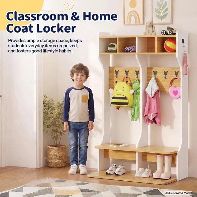 Alt view image 6 of 7 - 2-Section Coat Locker with Bench | Daycare Cubby Storage with 8 Hooks, Kindergarten Lockers with 4 Cubbies for Home, School, Nursery