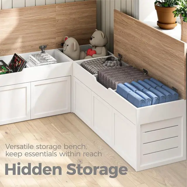 Alt view image 3 of 7 - L-Shaped Corner Storage Bench with Cushion, Backless Wood Bench with Hidden Storage, for Dining Nook, Kitchen, Entryway, Cloakroom (Bench+Light Gray Cushion)