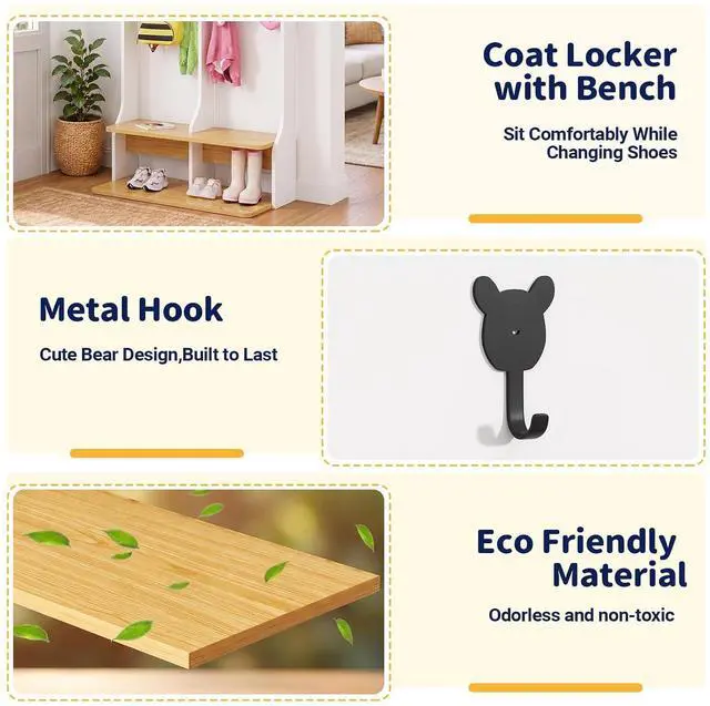 Alt view image 5 of 7 - 2-Section Coat Locker with Bench | Daycare Cubby Storage with 8 Hooks, Kindergarten Lockers with 4 Cubbies for Home, School, Nursery