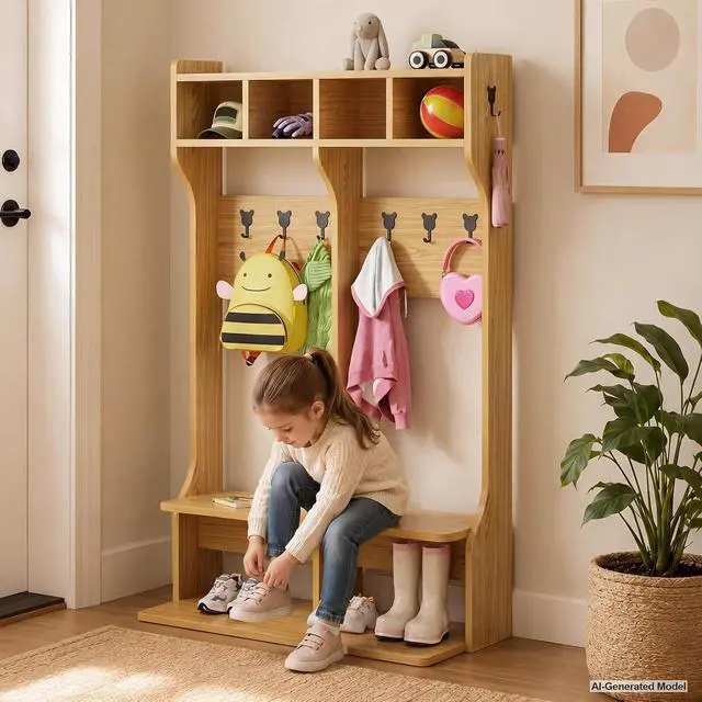 Alt view image 2 of 7 - 2-Section Coat Locker with Bench | Daycare Cubby Storage with 8 Hooks, Kindergarten Lockers with 4 Cubbies for Home, School, Nursery