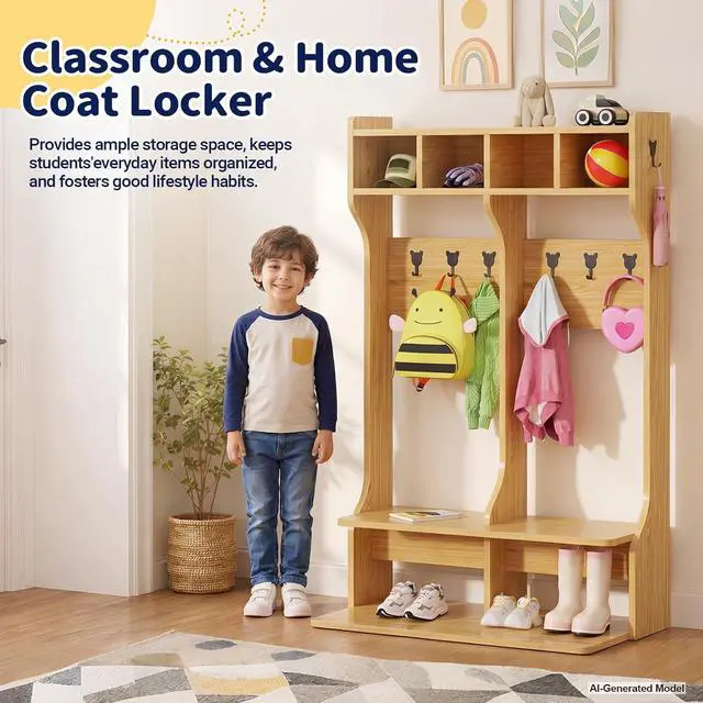 Alt view image 5 of 7 - 2-Section Coat Locker with Bench | Daycare Cubby Storage with 8 Hooks, Kindergarten Lockers with 4 Cubbies for Home, School, Nursery
