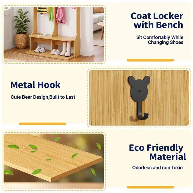 Alt view image 4 of 7 - 2-Section Coat Locker with Bench | Daycare Cubby Storage with 8 Hooks, Kindergarten Lockers with 4 Cubbies for Home, School, Nursery