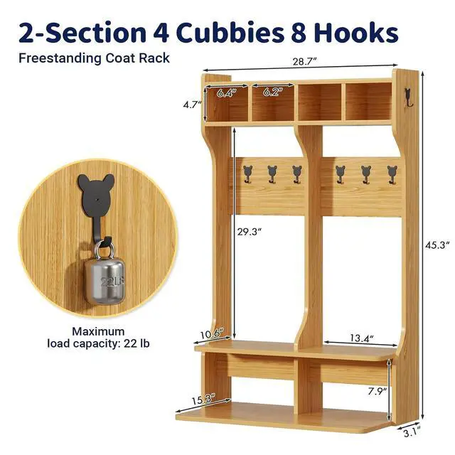 Alt view image 3 of 7 - 2-Section Coat Locker with Bench | Daycare Cubby Storage with 8 Hooks, Kindergarten Lockers with 4 Cubbies for Home, School, Nursery
