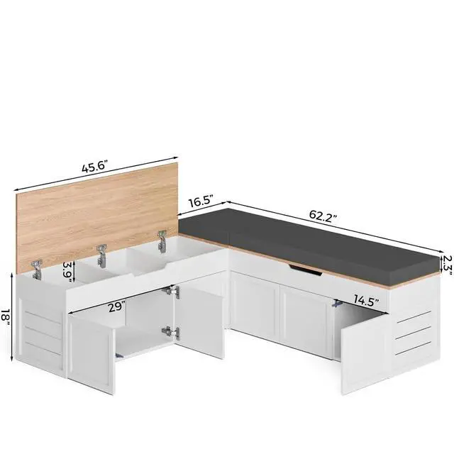 Alt view image 2 of 7 - L-Shaped Corner Storage Bench with Cushion, Backless Wood Bench with Hidden Storage, for Dining Nook, Kitchen, Entryway, Cloakroom (Bench+Dark Gray Cushion)
