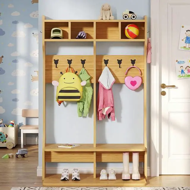 Alt view image 6 of 7 - 2-Section Coat Locker with Bench | Daycare Cubby Storage with 8 Hooks, Kindergarten Lockers with 4 Cubbies for Home, School, Nursery