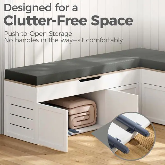 Alt view image 4 of 7 - L-Shaped Corner Storage Bench with Cushion, Backless Wood Bench with Hidden Storage, for Dining Nook, Kitchen, Entryway, Cloakroom (Bench+Dark Gray Cushion)