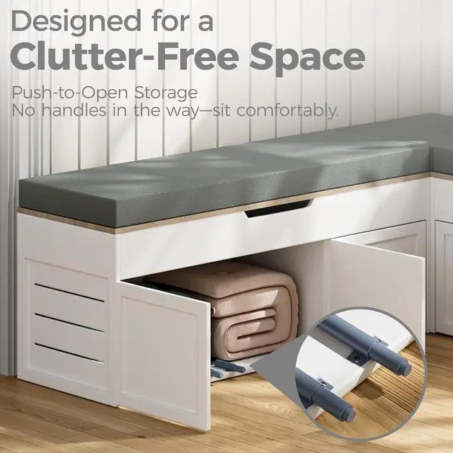 Alt view image 4 of 7 - L-Shaped Corner Storage Bench with Cushion, Backless Wood Bench with Hidden Storage, for Dining Nook, Kitchen, Entryway, Cloakroom (Bench+Light Gray Cushion)