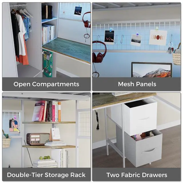 Alt view image 6 of 7 - Full Size Loft Bed with Desk, Stairs & LED Light, Metal Gaming Loft Bed Frame with Headboard, Safety Guardrails, Charging Station, Closet and 12 Fabric Drawers, Space Saving, White and Oak