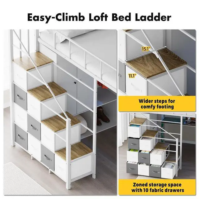 Alt view image 5 of 7 - Full Size Loft Bed with Desk, Stairs & LED Light, Metal Gaming Loft Bed Frame with Headboard, Safety Guardrails, Charging Station, Closet and 12 Fabric Drawers, Space Saving, White and Oak