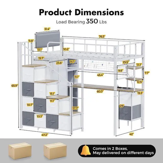 Alt view image 2 of 7 - Twin Size Loft Bed with Desk, Stairs & LED Light, Metal Gaming Loft Bed Frame with Headboard, Safety Guardrail, Charging Station, Closet and 12 Fabric Drawers, Space Saving, White & Oak