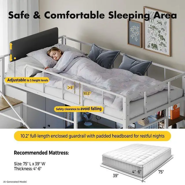 Alt view image 3 of 7 - Twin Size Loft Bed with Desk, Stairs & LED Light, Metal Gaming Loft Bed Frame with Headboard, Safety Guardrail, Charging Station, Closet and 12 Fabric Drawers, Space Saving, White & Oak