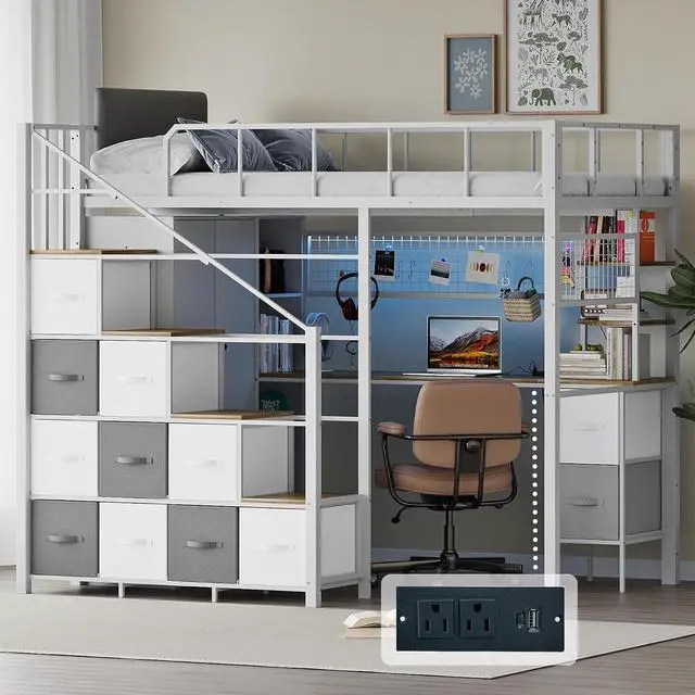 Main image of Twin Size Loft Bed with Desk, Stairs & LED Light, Metal Gaming Loft Bed Frame with Headboard, Safety Guardrail, Charging Station, Closet and 12 Fabric Drawers, Space Saving, White & Oak