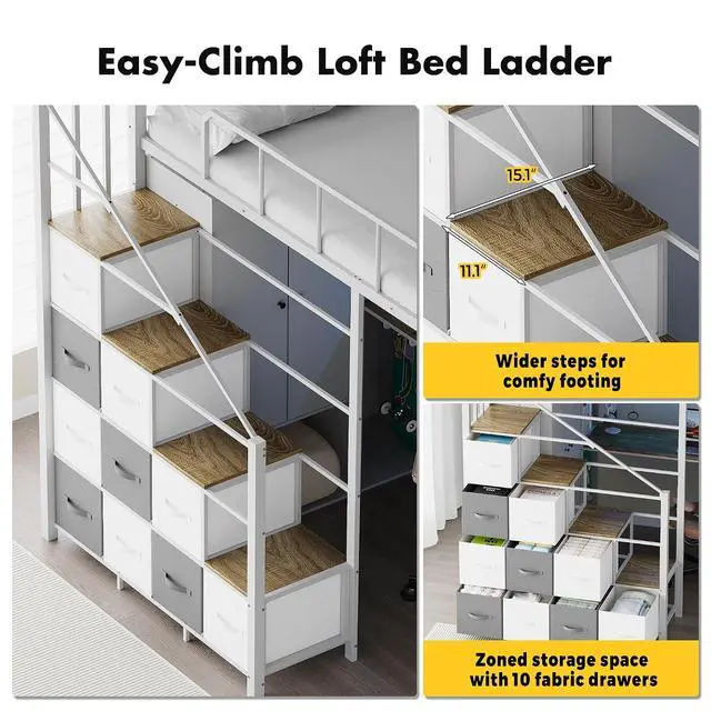 Alt view image 5 of 7 - Twin Size Loft Bed with Desk, Stairs & LED Light, Metal Gaming Loft Bed Frame with Headboard, Safety Guardrail, Charging Station, Closet and 12 Fabric Drawers, Space Saving, White & Oak