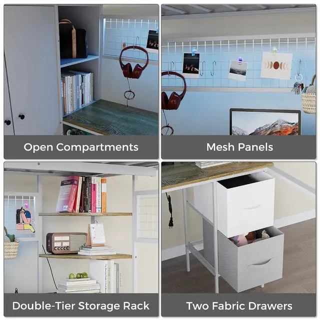 Alt view image 6 of 7 - Twin Size Loft Bed with Desk, Stairs & LED Light, Metal Gaming Loft Bed Frame with Headboard, Safety Guardrail, Charging Station, Closet and 12 Fabric Drawers, Space Saving, White & Oak