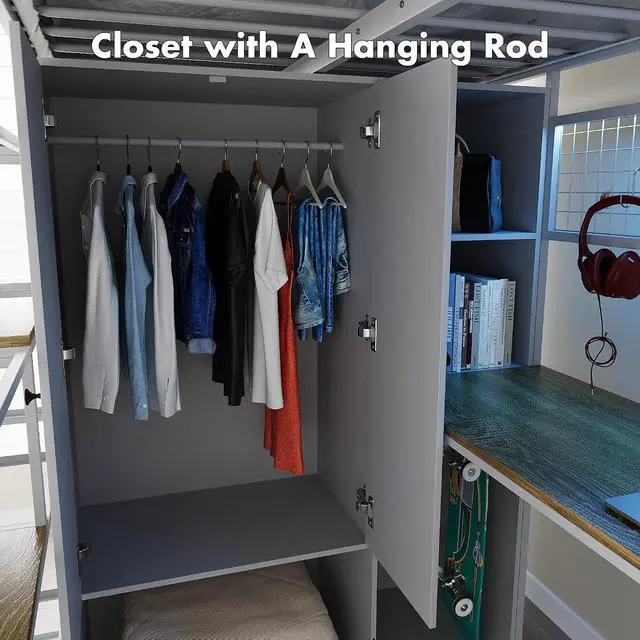 Alt view image 7 of 7 - Twin Size Loft Bed with Desk, Stairs & LED Light, Metal Gaming Loft Bed Frame with Headboard, Safety Guardrail, Charging Station, Closet and 12 Fabric Drawers, Space Saving, White & Oak