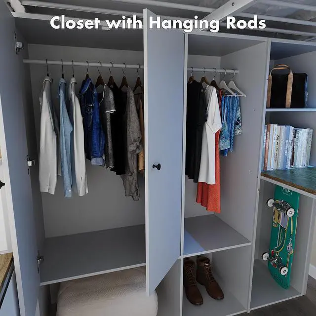 Alt view image 7 of 7 - Full Size Loft Bed with Desk, Stairs & LED Light, Metal Gaming Loft Bed Frame with Headboard, Safety Guardrails, Charging Station, Closet and 12 Fabric Drawers, Space Saving, White and Oak