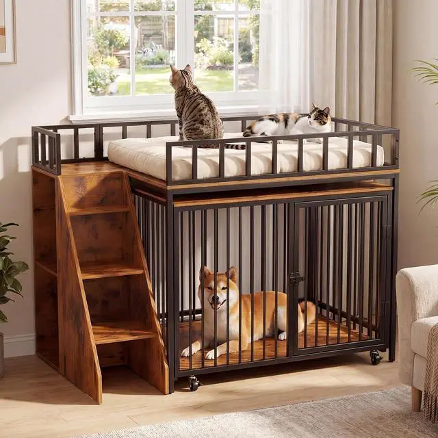 Main image of 37" Dog Crate Furniture, Wooden Dog Kennel Indoor w/Storage(Rustic Brown) | Heavy Duty Pet Cage Indoor for Small & Medium Dogs, Dog Kennel with Storage Shelf, 4 Lockable Wheels and Stairs, Loft-Style