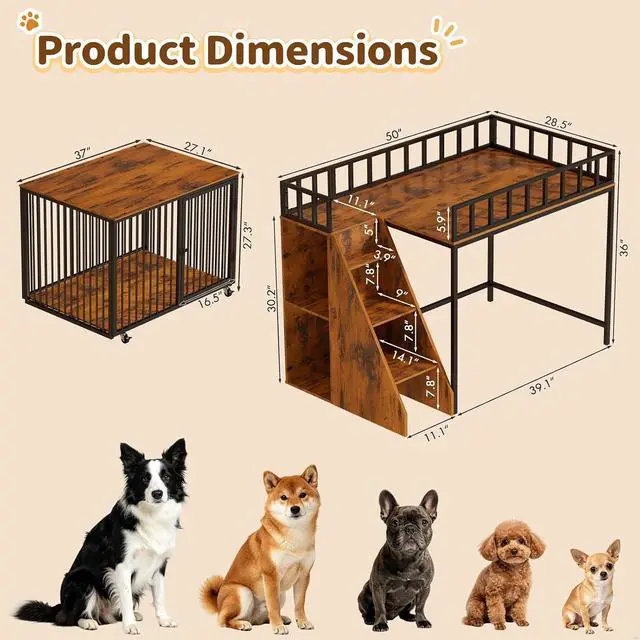 Alt view image 2 of 7 - 37" Dog Crate Furniture, Wooden Dog Kennel Indoor w/Storage(Rustic Brown) | Heavy Duty Pet Cage Indoor for Small & Medium Dogs, Dog Kennel with Storage Shelf, 4 Lockable Wheels and Stairs, Loft-Style