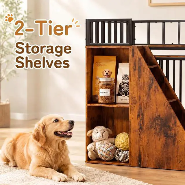 Alt view image 4 of 7 - 37" Dog Crate Furniture, Wooden Dog Kennel Indoor w/Storage(Rustic Brown) | Heavy Duty Pet Cage Indoor for Small & Medium Dogs, Dog Kennel with Storage Shelf, 4 Lockable Wheels and Stairs, Loft-Style
