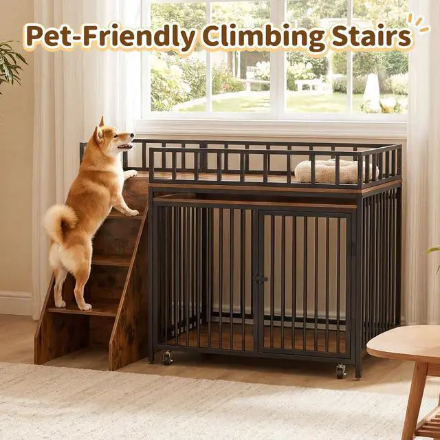 Alt view image 5 of 7 - 37" Dog Crate Furniture, Wooden Dog Kennel Indoor w/Storage(Rustic Brown) | Heavy Duty Pet Cage Indoor for Small & Medium Dogs, Dog Kennel with Storage Shelf, 4 Lockable Wheels and Stairs, Loft-Style