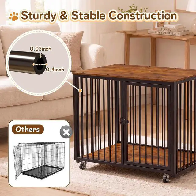 Alt view image 6 of 7 - 37" Dog Crate Furniture, Wooden Dog Kennel Indoor w/Storage(Rustic Brown) | Heavy Duty Pet Cage Indoor for Small & Medium Dogs, Dog Kennel with Storage Shelf, 4 Lockable Wheels and Stairs, Loft-Style