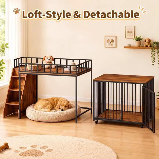 Alt view image 7 of 7 - 37" Dog Crate Furniture, Wooden Dog Kennel Indoor w/Storage(Rustic Brown) | Heavy Duty Pet Cage Indoor for Small & Medium Dogs, Dog Kennel with Storage Shelf, 4 Lockable Wheels and Stairs, Loft-Style