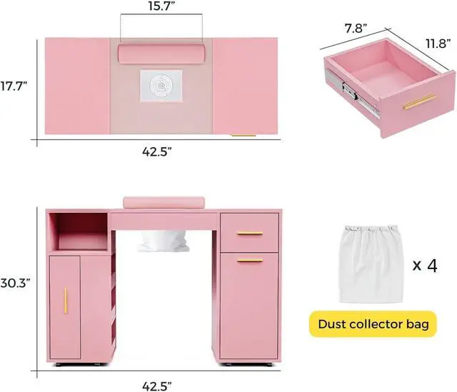 Alt view image 3 of 7 - Mobile Manicure Table w/Dust Collector, Glass Top Nail Desk for Nail Tech, Nail Table Station w/Lockable Wheels, Storage, Drawer, Cabinet, Shelves & Wrist Rest, Beauty Salon Home, Pink