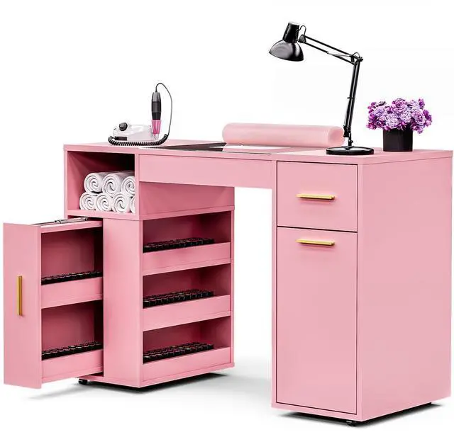 Main image of Mobile Manicure Table w/Dust Collector, Glass Top Nail Desk for Nail Tech, Nail Table Station w/Lockable Wheels, Storage, Drawer, Cabinet, Shelves & Wrist Rest, Beauty Salon Home, Pink