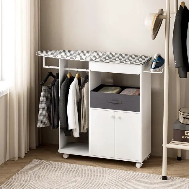 Alt view image 5 of 7 - Rolling Ironing Board with Storage Cabinet, Wooden Ironing Board Cabinet with Drawer, Compact Space-Saving Ironing Table with Iron Rest Rack for Laundry Room, Living Room (One Size, Geometric)