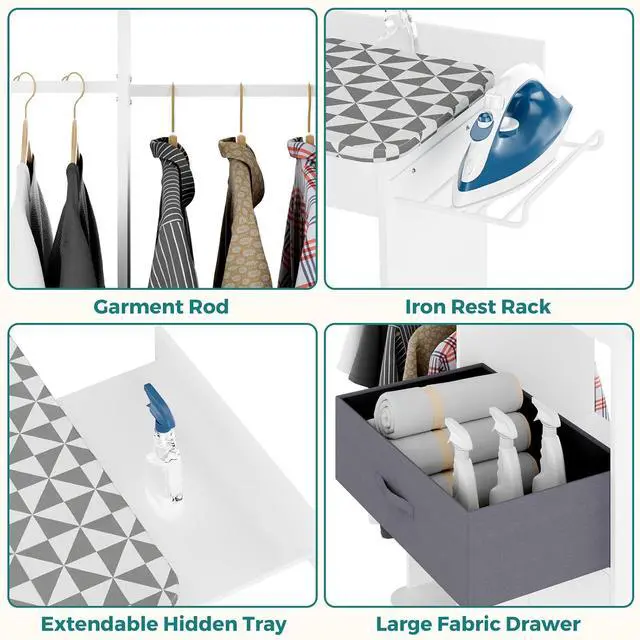 Alt view image 6 of 7 - Rolling Ironing Board with Storage Cabinet, Wooden Ironing Board Cabinet with Drawer, Compact Space-Saving Ironing Table with Iron Rest Rack for Laundry Room, Living Room (One Size, Geometric)