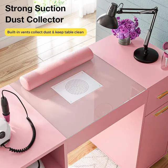 Alt view image 4 of 7 - Mobile Manicure Table w/Dust Collector, Glass Top Nail Desk for Nail Tech, Nail Table Station w/Lockable Wheels, Storage, Drawer, Cabinet, Shelves & Wrist Rest, Beauty Salon Home, Pink