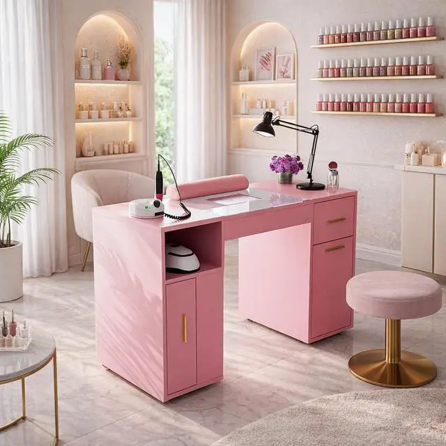 Alt view image 2 of 7 - Mobile Manicure Table w/Dust Collector, Glass Top Nail Desk for Nail Tech, Nail Table Station w/Lockable Wheels, Storage, Drawer, Cabinet, Shelves & Wrist Rest, Beauty Salon Home, Pink