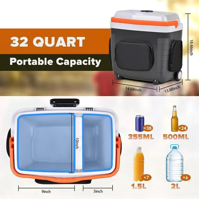Alt view image 2 of 7 - 32Quart (30L) Electric Car Cooler & Warmer with Wheels & Handle | 12 Volt DC & 110V AC Thermoelectric Car Refrigerator, Portable Plug in Cooler for Car, Camping, Travel, Truck, Picnic