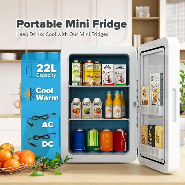 Alt view image 2 of 7 - 22L/30Cans Mini Fridge for Bedroom, Portable Cooler & Warmer | Mini Refrigerator with Glass Front, Small Cooler for Car Office Desk & Dorm Room Food Beverage Skincare Makeup Cosmetics