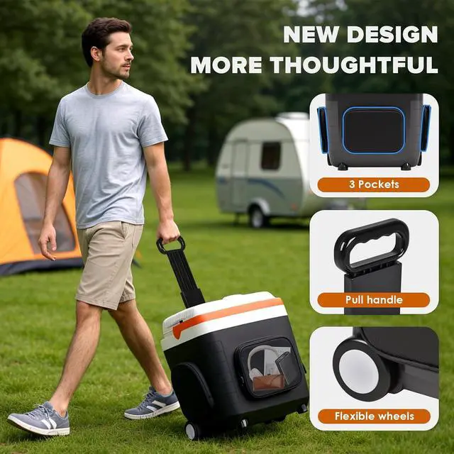 Alt view image 5 of 7 - 32Quart (30L) Electric Car Cooler & Warmer with Wheels & Handle | 12 Volt DC & 110V AC Thermoelectric Car Refrigerator, Portable Plug in Cooler for Car, Camping, Travel, Truck, Picnic