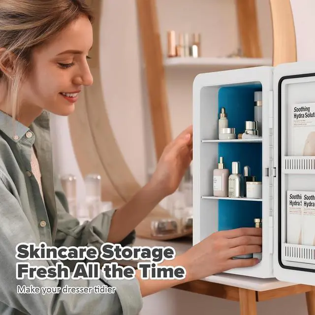 Alt view image 3 of 7 - 22L/30Cans Mini Fridge for Bedroom, Portable Cooler & Warmer | Mini Refrigerator with Glass Front, Small Cooler for Car Office Desk & Dorm Room Food Beverage Skincare Makeup Cosmetics