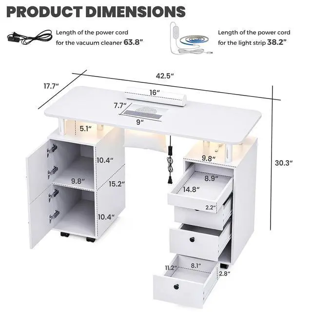 Alt view image 2 of 7 - Nail Tech Table with Dust Collector & LED Light, Rolling Manicure Desk with Storage Drawers & Cabinets, Lockable Wheels, Acetone-Resistant Beauty Workstation for Salon, Home (White)