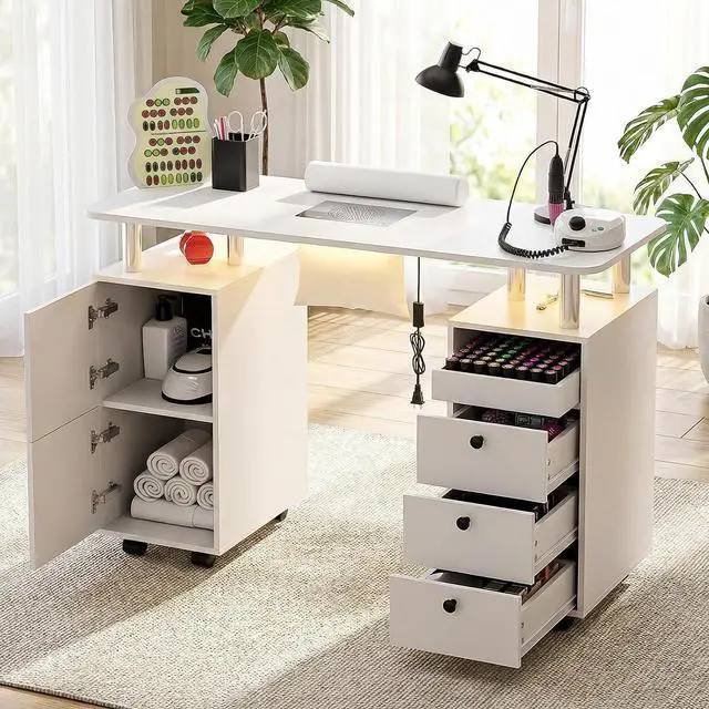 Main image of Nail Tech Table with Dust Collector & LED Light, Rolling Manicure Desk with Storage Drawers & Cabinets, Lockable Wheels, Acetone-Resistant Beauty Workstation for Salon, Home (White)