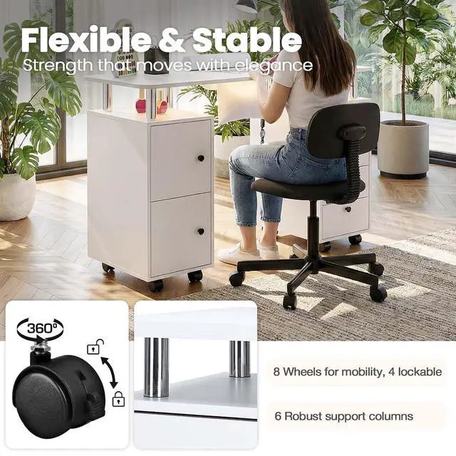 Alt view image 7 of 7 - Nail Tech Table with Dust Collector & LED Light, Rolling Manicure Desk with Storage Drawers & Cabinets, Lockable Wheels, Acetone-Resistant Beauty Workstation for Salon, Home (White)