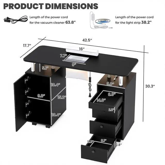 Alt view image 2 of 7 - Nail Tech Table with Dust Collector & LED Light, Rolling Manicure Desk with Storage Drawers & Cabinets, Lockable Wheels, Acetone-Resistant Beauty Workstation for Salon, Home (Black)
