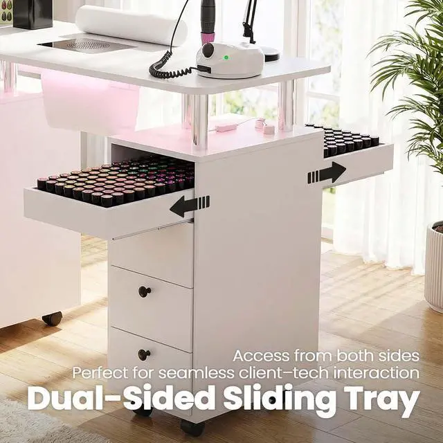 Alt view image 5 of 7 - Nail Tech Table with Dust Collector & LED Light, Rolling Manicure Desk with Storage Drawers & Cabinets, Lockable Wheels, Acetone-Resistant Beauty Workstation for Salon, Home (White)