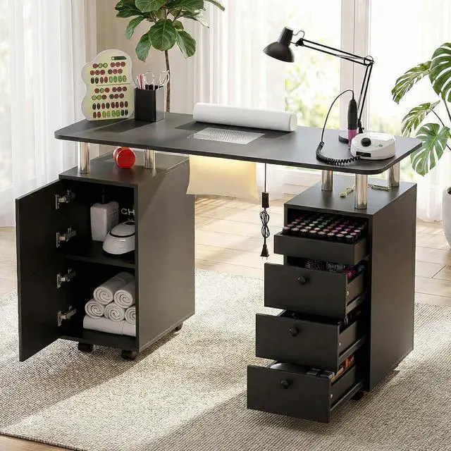 Main image of Nail Tech Table with Dust Collector & LED Light, Rolling Manicure Desk with Storage Drawers & Cabinets, Lockable Wheels, Acetone-Resistant Beauty Workstation for Salon, Home (Black)