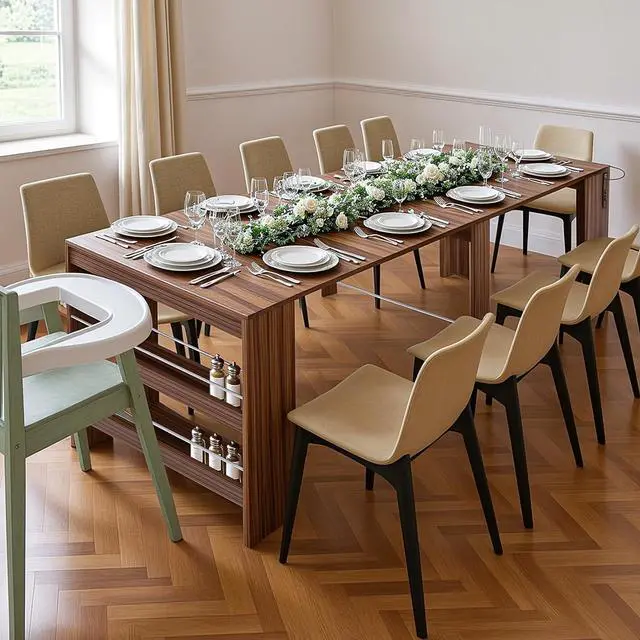 Main image of 19.6"-118.1" Modern Extendable Dining Table with Outlet, 2 to 12 People Space Saving Expanding Table with Storage for Party, Weddings, Meetings, Celebrations (Brown)