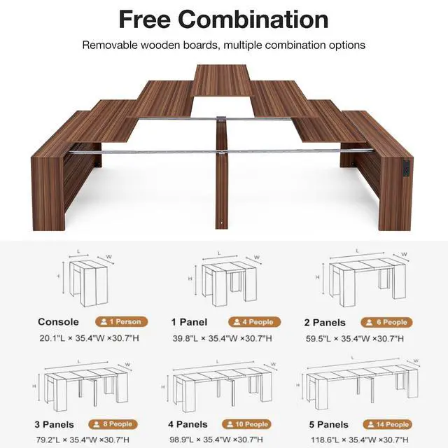 Alt view image 3 of 7 - 19.6"-118.1" Modern Extendable Dining Table with Outlet, 2 to 12 People Space Saving Expanding Table with Storage for Party, Weddings, Meetings, Celebrations (Brown)