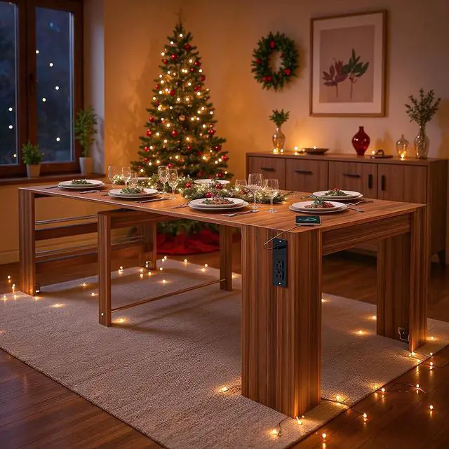 Alt view image 4 of 7 - 19.6"-118.1" Modern Extendable Dining Table with Outlet, 2 to 12 People Space Saving Expanding Table with Storage for Party, Weddings, Meetings, Celebrations (Brown)