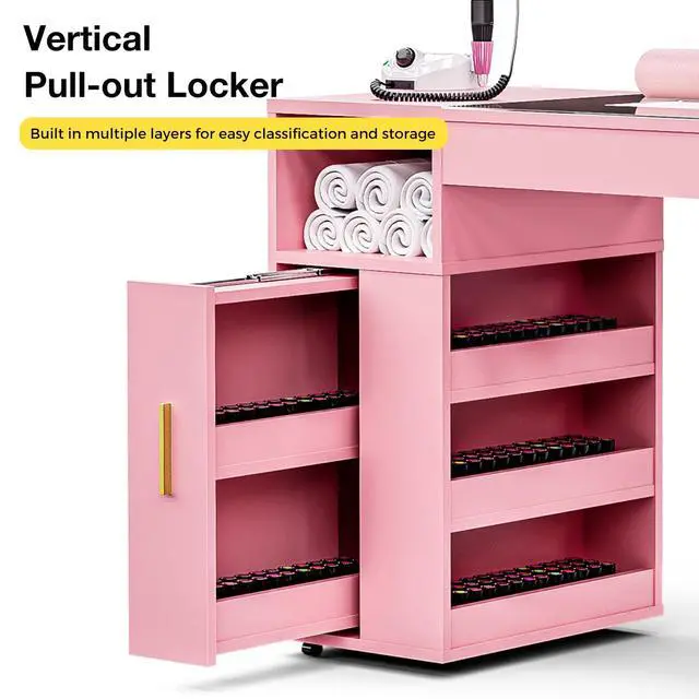 Alt view image 6 of 7 - Mobile Manicure Table w/Dust Collector, Glass Top Nail Desk for Nail Tech, Nail Table Station w/Lockable Wheels, Storage, Drawer, Cabinet, Shelves & Wrist Rest, Beauty Salon Home, Pink