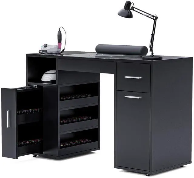 Main image of Mobile Manicure Table w/Dust Collector, Glass Top Nail Desk for Nail Tech, Nail Table Station w/Lockable Wheels, Storage, Drawer, Cabinet, Shelves & Wrist Rest, Beauty Salon Home, Black